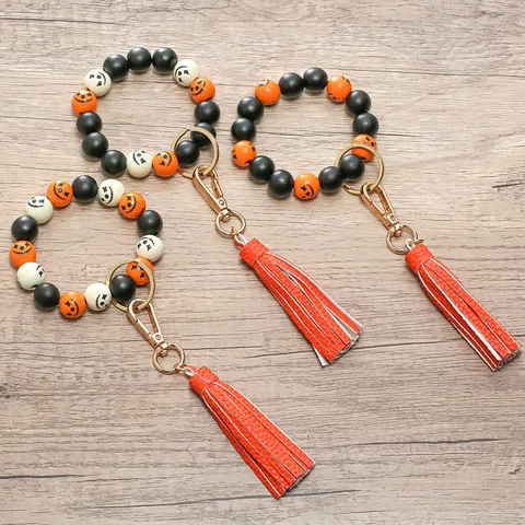 Halloween Wooden Beads Bracelet Keychain Leather Tassel Wristlet Keychain Anti-Lost Pumpkin Face Ghost Print Key Ring Bangle Gift