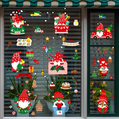 Weihnachten Fensteraufkleber Karikatur Weihnachtsmann Wichtel Statische Aufkleber Mehrere Blätter Set Festliche Glas Wand Fenster Dekoration