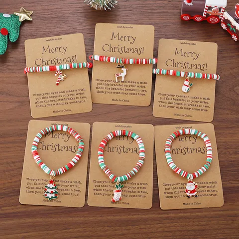 Weihnachtsthema Wunscharmband Süßes Rentier Weihnachtsmann Polymer-Ton Geflochtenes Armband Mit Geschenkarte Feiertags Schmuck