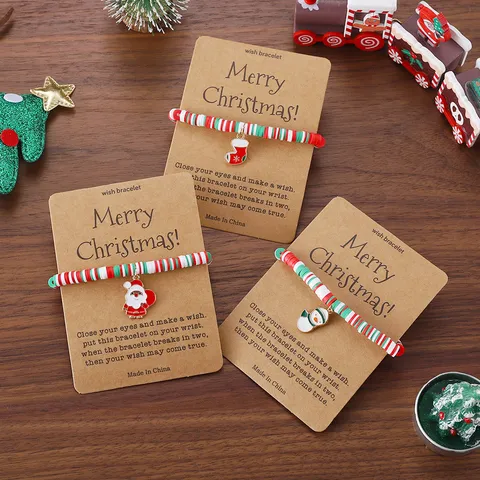 Pulseras de Deseos de Navidad de Cuentas de Arcilla Polimérica Hechas a Mano para Mujer Papá Noel Muñeco de Nieve Árbol de Navidad Colgante de Aleación Joyería de Fiesta