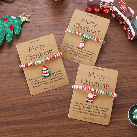 Weihnachtsthema Wunscharmband Süßes Rentier Weihnachtsmann Polymer-Ton Geflochtenes Armband Mit Geschenkarte Feiertags Schmuck