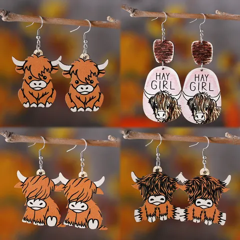 Pendientes Colgantes de Madera Vintage Occidental Vaca de las Tierras Altas Hay Girl Impresión a Doble Cara Joyería de Mujer Regalo