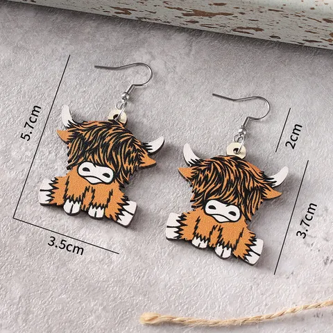 Pendientes Colgantes de Madera Vintage Occidental Vaca de las Tierras Altas Hay Girl Impresión a Doble Cara Joyería de Mujer Regalo