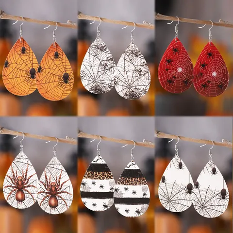Pendientes de Gota de Cuero de PU Góticos de Halloween Estampado de Doble Cara Telaraña Leopardo Joyas para Fiesta de Disfraces Mujer