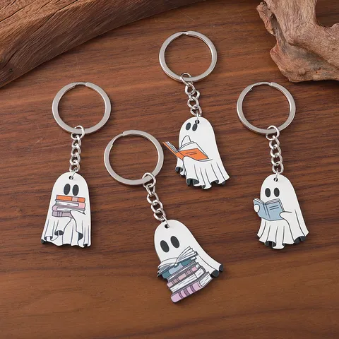 Halloween Book Ghost Pendant Keychain Cartoon Wooden Ghost Keychain Ring For Halloween Party Gift Keychain Pendant Accessories