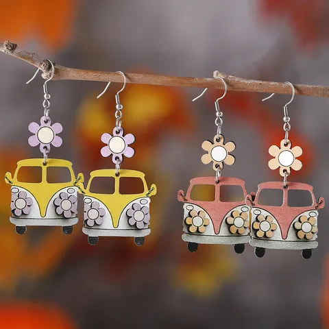 Floral School Bus Wooden Drop Earrings For Women Double Sided Printed Wood Stainless Steel Earrings Back To School Season Teacher Gift