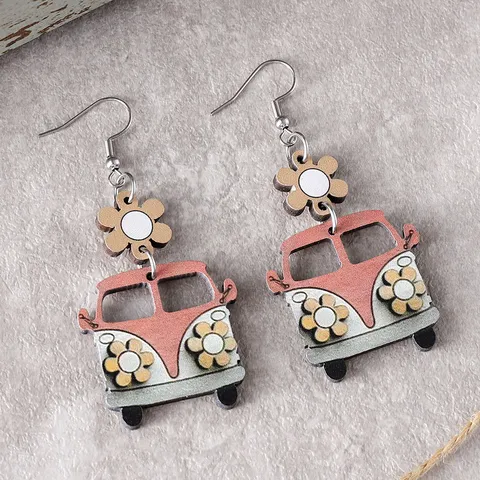 Floral School Bus Wooden Drop Earrings For Women Double Sided Printed Wood Stainless Steel Earrings Back To School Season Teacher Gift