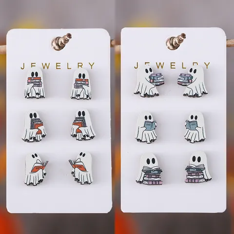 Pendientes de Botón Góticos de Halloween Madera Fantasma Libro Poste de Acero Inoxidable Joyería para Mujer