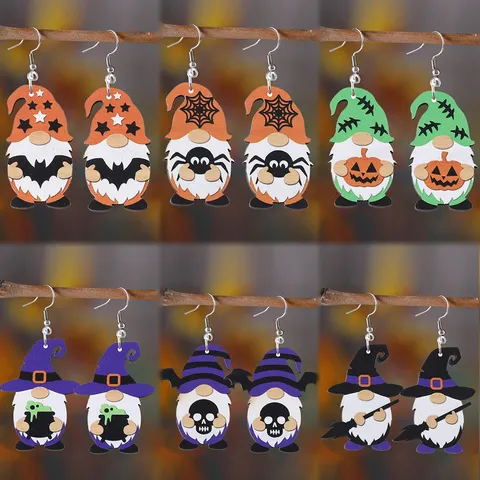 Halloween Gnome Wood Drop Earrings Gothic Bat Skull Pumpkin Spider Web Double Sided Print Earrings For Women Party Jewelry