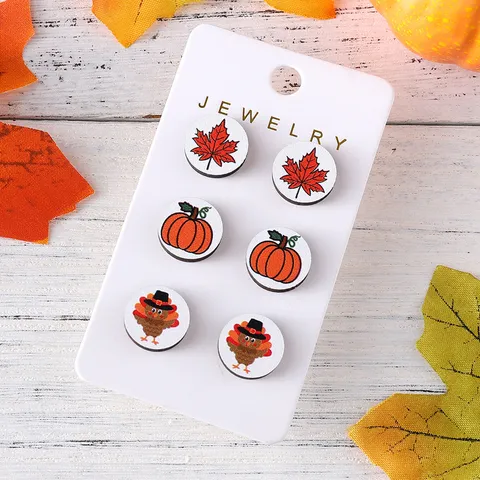 Thanksgiving Wooden Stud Earrings Set For Women Pumpkin Maple Leaf Turkey Design Laser Cut Round Wood Stainless Steel Ear Studs Festive Party Holiday Ear Jewelry