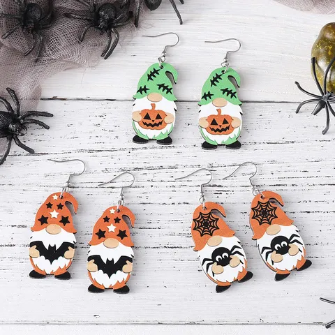 Halloween Gnome Wood Drop Earrings Gothic Bat Skull Pumpkin Spider Web Double Sided Print Earrings For Women Party Jewelry