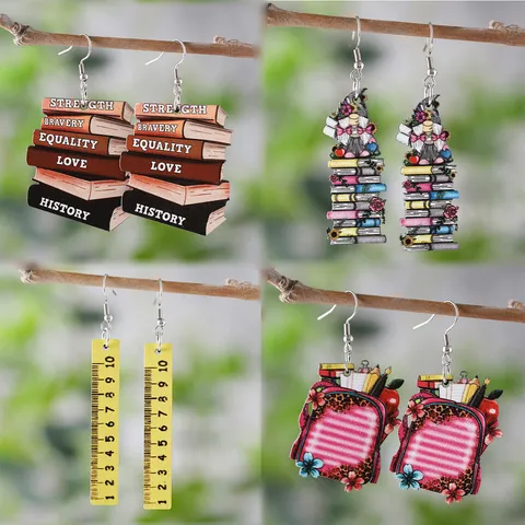 Back to School Theme Wood Stainless Steel Double Sided Printed Drop Earrings Schoolbag Textbook Ruler Gnome Flower Pendant Earrings For Women Jewelry Gift