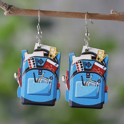 Back To School Season Backpack Book Pencil Ruler Pendant Wood Earrings Double Sided Printed Wooden Drop Earrings For Women Student Gift