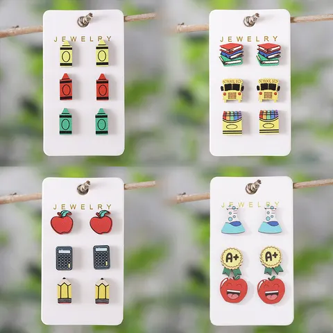 Back To School Season Creative Cartoon Wooden Stud Earrings Set Cute Colorful Crayon Apple School Bus Shapes Ear Jewelry For Teacher Day Gift Women