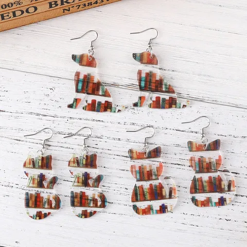 Cute Acrylic Library Bookshelf Cat Dog Drop Earrings For Women Girls Back To School Opening Season Animal Printed Jewelry