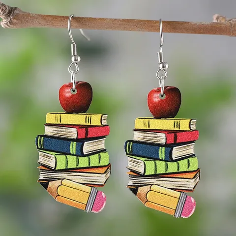 Back To School Season Wooden Drop Earrings Book Pencil Apple Pendant Earrings For Teachers Students Jewelry Gift