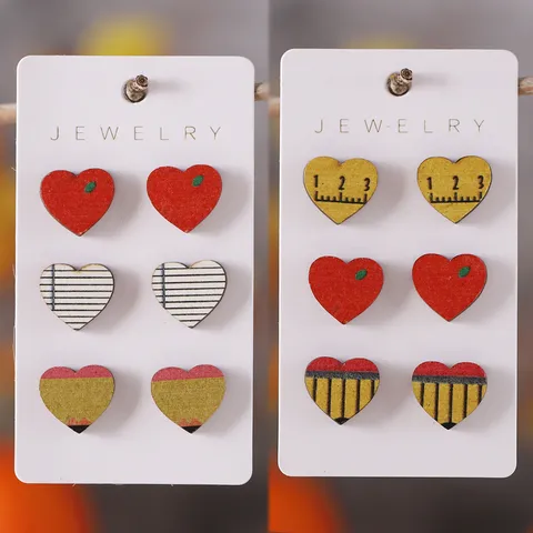 Cute Wooden Heart Stud Earrings Set For Women Back To School Theme Apple Pencil Ruler Notebook Pattern Creative Jewelry Gift