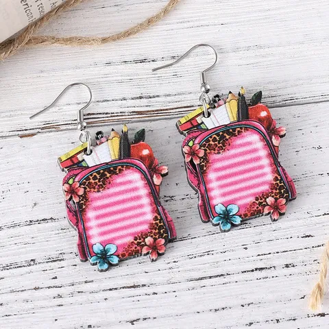 Back to School Theme Wood Stainless Steel Double Sided Printed Drop Earrings Schoolbag Textbook Ruler Gnome Flower Pendant Earrings For Women Jewelry Gift