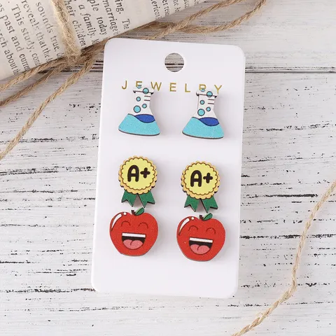 Back To School Season Creative Cartoon Wooden Stud Earrings Set Cute Colorful Crayon Apple School Bus Shapes Ear Jewelry For Teacher Day Gift Women