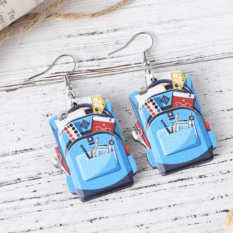 Back To School Season Backpack Book Pencil Ruler Pendant Wood Earrings Double Sided Printed Wooden Drop Earrings For Women Student Gift
