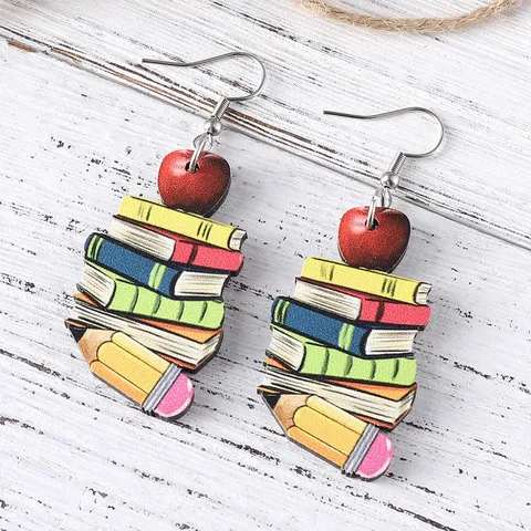Back To School Season Wooden Drop Earrings Book Pencil Apple Pendant Earrings For Teachers Students Jewelry Gift