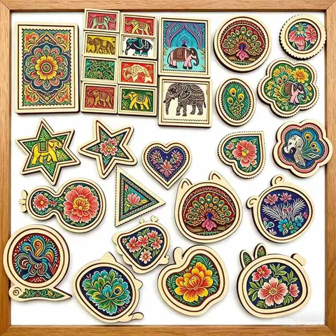 Wooden Ethnic Embroidery Fridge Magnet DIY Handmade Craft Accessories Cute Animal Floral Pattern Wooden Border Home Decor