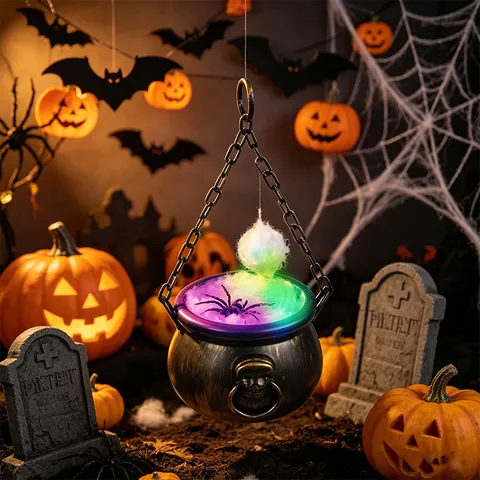 Juguete de Caldero de Bruja Portátil de Halloween Luz Brillante Colorida de Led Cubo Decorativo Con Telaraña de Algodón de Araña para Adornos de Accesorios de Casa Encantada de Fiesta