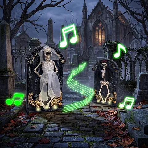 Lapide Danzante di Halloween Decorazione Scheletro Animato Con Musica e Luci Oggetto di Scena Mobile per Festa in Casa