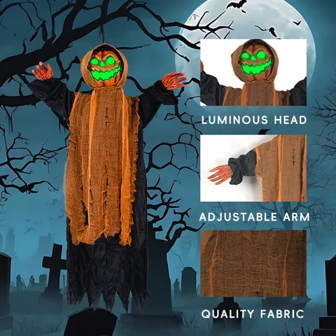 Halloween Pumpkin Hanging Ghost Decoration Animated Luminous Sounding Swinging Scary Grim Reaper Prop For Haunted House Party Outdoor Decor