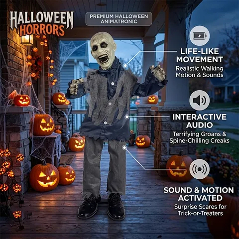 Oggetto di Scena Fantasma Zombie In Piedi Animato di Halloween Sensore di Movimento Suono Oscillante Attivato Vocale Decorazione del Patio della Festa della Casa Stregata