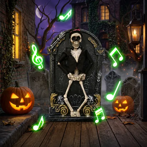 Lapide Danzante di Halloween Decorazione Scheletro Animato Con Musica e Luci Oggetto di Scena Mobile per Festa in Casa