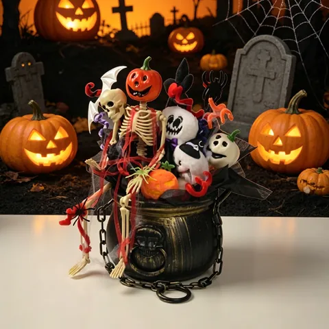 Halloween Creative Skeleton Bouquet Bucket Table Ornament Spooky Ghost Pumpkin Flower Pot For Festive Party Desktop Atmosphere Decoration