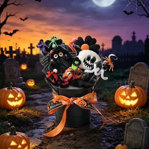 Halloween Cartoon Blumen Eimer Ornament Gruseliges Skelett Spinne Geist Tischdeko Plüsch Strauß Magischer Bottich Bar Party Dekoration