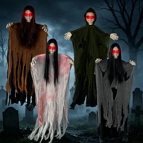 Decoración de Fantasma Colgante Brillante de Halloween Bruja Esqueleto de Terror Con Ojos Rojos Led Para Fiesta Casa Embrujada Jardín