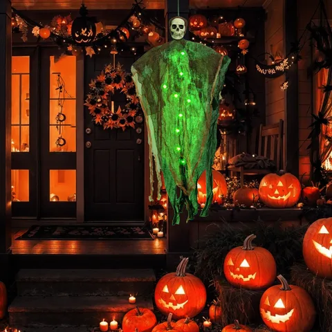 Halloween Colgante Parca Calavera Esqueleto Gasa Brillante Fantasma Casa Encantada Jardín Patio Exterior Adornos Colgantes Terror Accesorios Decoración