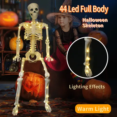 Halloween Leuchtend Ganzkörper Skelett Dekoration Kunststoff Realistischer Schädel Mit Warmem LED Lichtschlauch Bewegliche Gelenke Für Außen Innen Party Deko