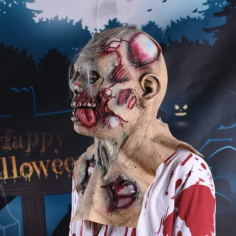 Scary Halloween Latex Mask Creepy Zombie Headgear Popping Eyes Tongue Out For Room Escape Costume Cosplay Party Props