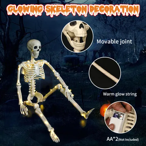 Halloween Leuchtend Ganzkörper Skelett Dekoration Kunststoff Realistischer Schädel Mit Warmem LED Lichtschlauch Bewegliche Gelenke Für Außen Innen Party Deko