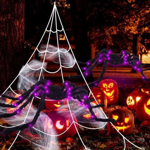 Halloween Araña Grande Luminosa Decoración Exterior Suave Araña de Felpa Con Espeluznante Luz LED Morada Jardín Casa Fiesta Adorno Atrezzo Decoración