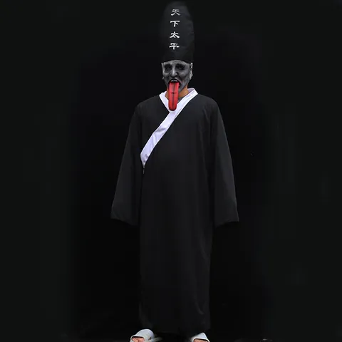 Halloween Gruseliges Kostüm-Set Schwarz Weiß Robe Mit Hohem Hut Maske Requisite Traditionelles Chinesisches Mythos Geist Cosplay Kostüm Für Geisterhaus Geheimes Zimmer Karneval Party Thema Requisiten