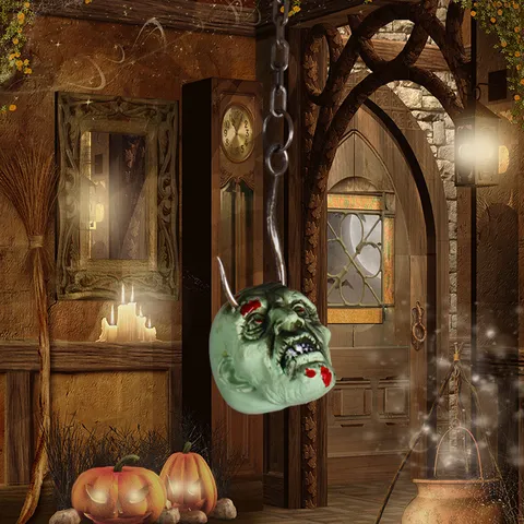 Halloween Scary Meat Hook Chain Zombie Head Hanging Decor Haunted House Secret Room Yard Horror Plastic Props Decoration