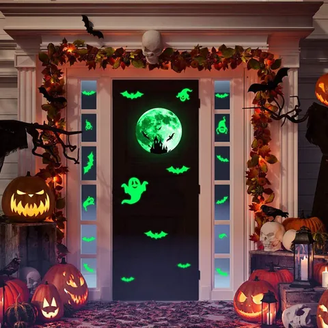 Halloween Glow In The Dark Wall Stickers Luminous Ghost Skull Pumpkin Castle Fluorescent Decals For Haunted House Party Decoration