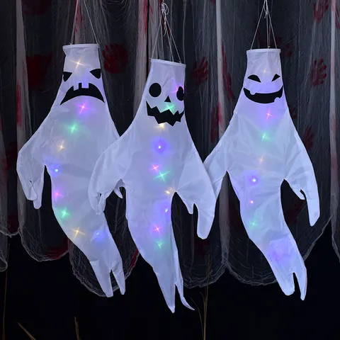 Halloween Glowing Ghost Windsock Outdoor Hanging Ghost Decoration Haunted House Prop Colorful LED Light Up Ghost Pendant