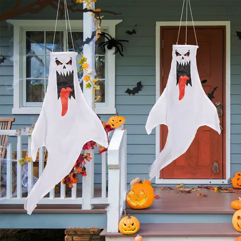 Halloween Ghost Windsock Outdoor Hanging Decoration Waterproof White Scary Smile Ghost Air Sock Patio Yard Party Decor