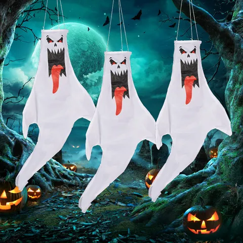 Halloween Ghost Windsock Outdoor Hanging Decoration Waterproof White Scary Smile Ghost Air Sock Patio Yard Party Decor