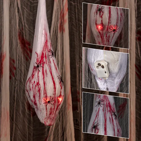 Halloween Hanging Decoration Props Sound Activated Glowing Eyeballs Scary Sound Horror Bloody Spider Web Cotton Giant Skeleton Head For Party Decor Haunted House