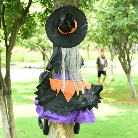 Halloween Crashing Witch Outdoor Decoration Scary Tree Hanging Prop For Yard Porch Garden Party Decor With Hat And Broom