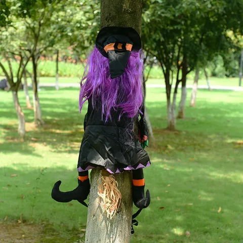 Halloween Crashing Witch Outdoor Decoration Scary Tree Hanging Prop For Yard Porch Garden Party Decor With Hat And Broom
