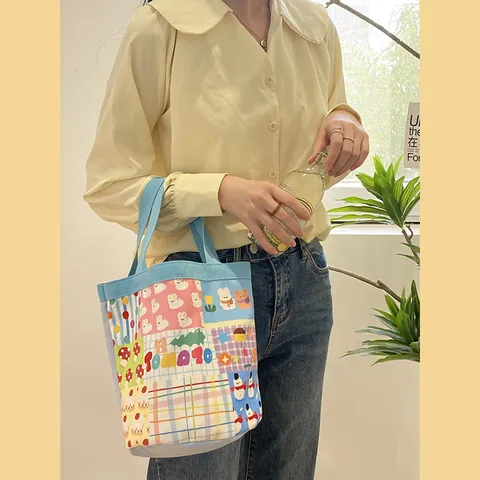 Women Canvas Bucket Bag Cute Cartoon Printed Casual Tote Bag Handbag Multi-Color Shopping Bag Daily Commuting Bag