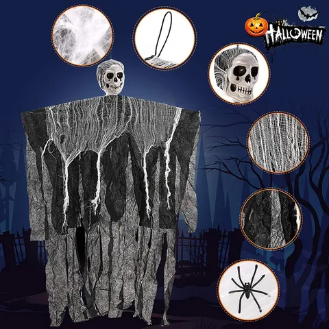 Halloween Skeleton Hanging Ghost Decoration Set With Spider Web And Spiders Scary Haunted House Party Scene Layout Prop